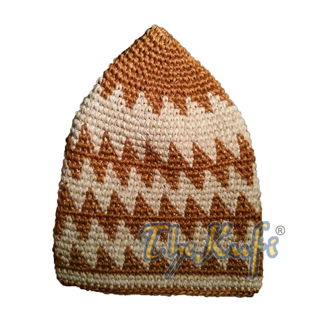 Hand-crocheted Cotton Sturdy Rust Brown & Faded Light Khaki Zigzag Kufi Hat