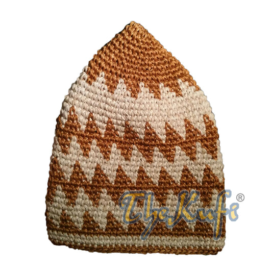 Hand-Crocheted Cotton Sturdy Rust Brown & Faded Light Khaki Zigzag Kufi Hat