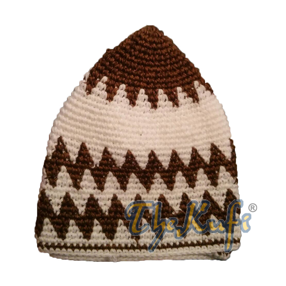 Topi Kufi Zigzag Coklat Karat &amp; Putih Katun Rajutan Tangan
