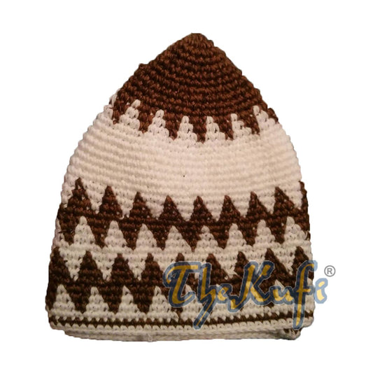 Hand-Crocheted Cotton Sturdy Rust Brown & White Zigzag Kufi Hat