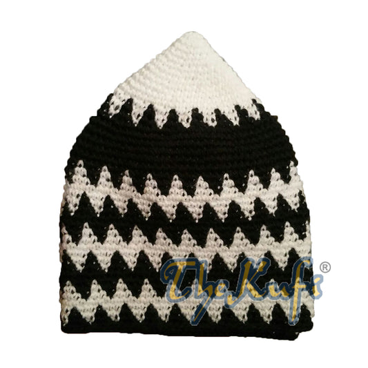 Hand-Crocheted Cotton Sturdy White & Black Bottom Zigzag Kufi Hat