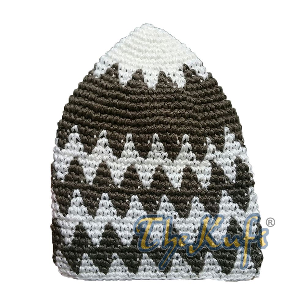 Hand-Crocheted Cotton Sturdy White & Dark Khaki Zigzag Kufi Hat