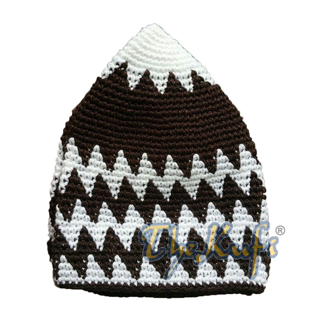 Topi Kufi Zigzag Putih &amp; Coklat Gelap yang dikait tangan