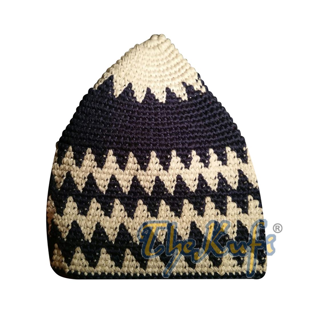 Hand-crocheted Cotton Sturdy White & Dark Blue Zigzag Kufi Hat