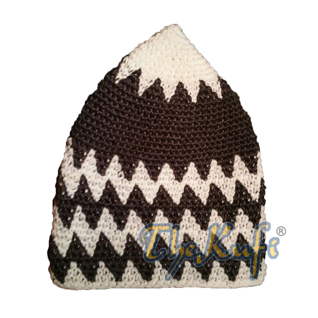 Hand-crocheted Cotton Sturdy White & Deep Gray Zigzag Kufi Hat