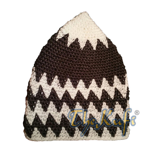 Hand-Crocheted Cotton Sturdy White & Deep Gray Zigzag Kufi Hat