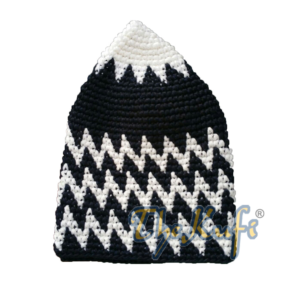 Topi Kufi Zigzag Campuran Putih &amp; Hitam Kokoh Katun Rajutan Tangan