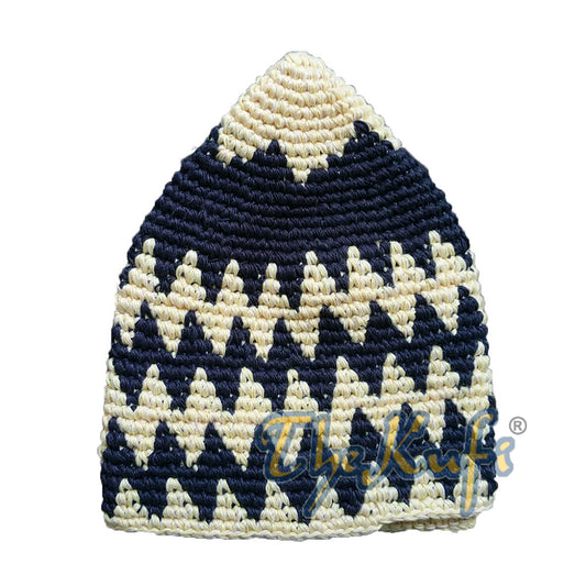 Hand-Crocheted Cotton Sturdy Faded Yellow & Indigo Blue Zigzag Kufi Hat