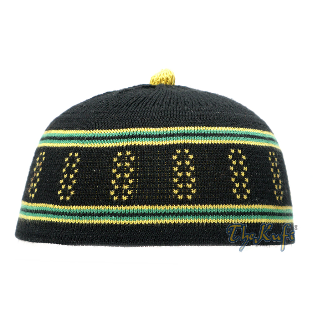 Topi Tengkorak Kufi Pom-Pom Katun Rajutan Elastis Hitam dan Hijau Bayi