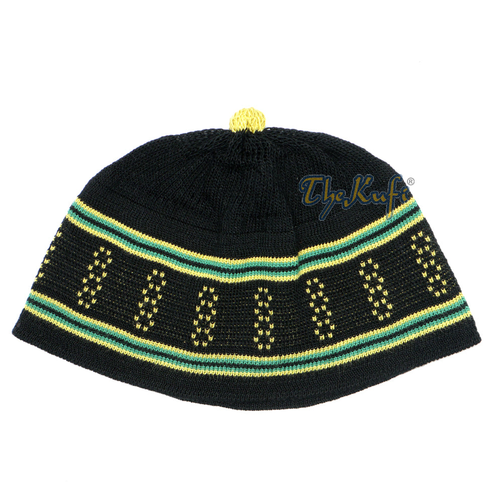 Topi Tengkorak Kufi Pom-Pom Katun Rajutan Elastis Hitam dan Hijau Bayi