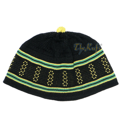Topi Tengkorak Kufi Pom-Pom Katun Rajutan Elastis Hitam dan Hijau Bayi