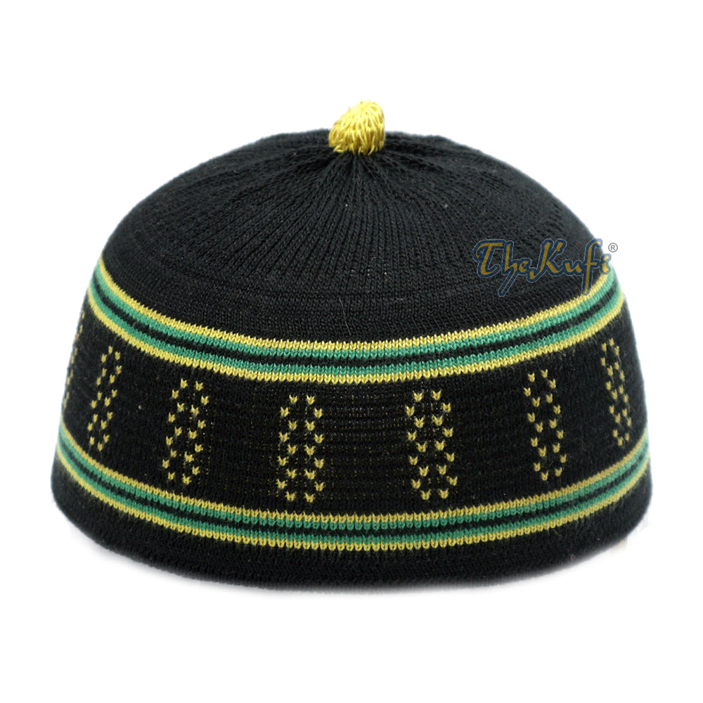 Topi Tengkorak Kufi Pom-Pom Katun Rajutan Elastis Hitam dan Hijau Bayi