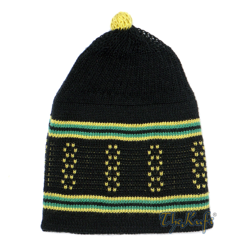 Topi Tengkorak Kufi Pom-Pom Katun Rajutan Elastis Hitam dan Hijau Bayi