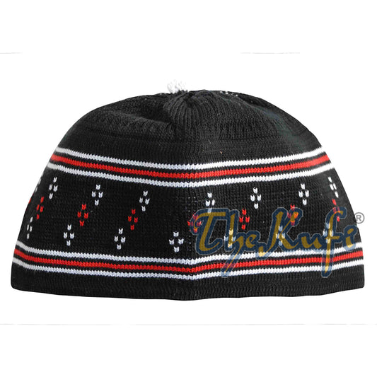 Topi Tengkorak Kufi Pom-Pom Katun Rajutan Elastis Hitam dan Merah Bayi yang Nyaman