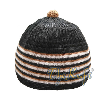 Baby Kufi Black White Brown Stripes Soft Cotton Kufi Skull Cap With Pom-Pom Top