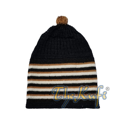 Baby Kufi Black White Brown Stripes Soft Cotton Kufi Skull Cap With Pom-Pom Top