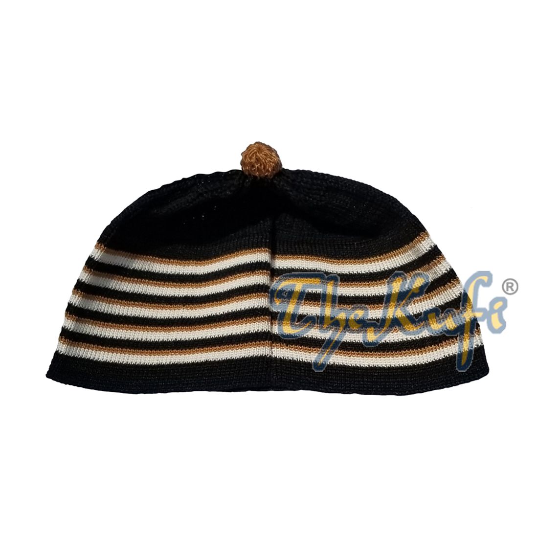 Baby Kufi Black White Brown Stripes Soft Cotton Kufi Skull cap with Pom-pom Top
