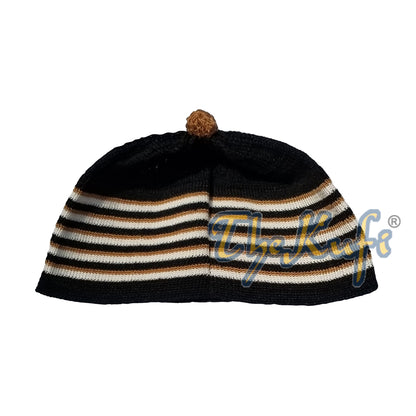 Baby Kufi Black White Brown Stripes Soft Cotton Kufi Skull Cap with Pom-pom Top