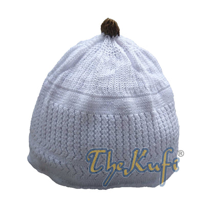 Baby Kufi White Stretch-Knit Dark Brown Pom-Pom Soft Cotton Beanie Skull Cap