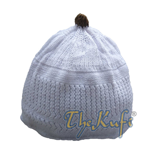 Baby Kufi Topi Tengkorak Beanie Katun Lembut Pom-pom Coklat Tua Rajutan Putih