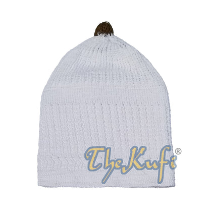 Baby Kufi White Stretch-Knit Dark Brown Pom-Pom Soft Cotton Beanie Skull Cap