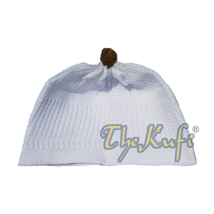 Baby Kufi White Stretch-Knit Dark Brown Pom-Pom Soft Cotton Beanie Skull Cap