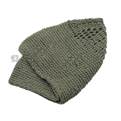 Plain Army Green Hand-Crocheted Cotton Blend Kufi Skull Cap