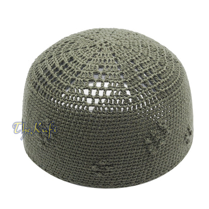 Plain Army Green Hand-Crocheted Cotton Blend Kufi Skull Cap