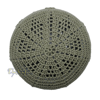 Plain Army Green Hand-Crocheted Cotton Blend Kufi Skull Cap