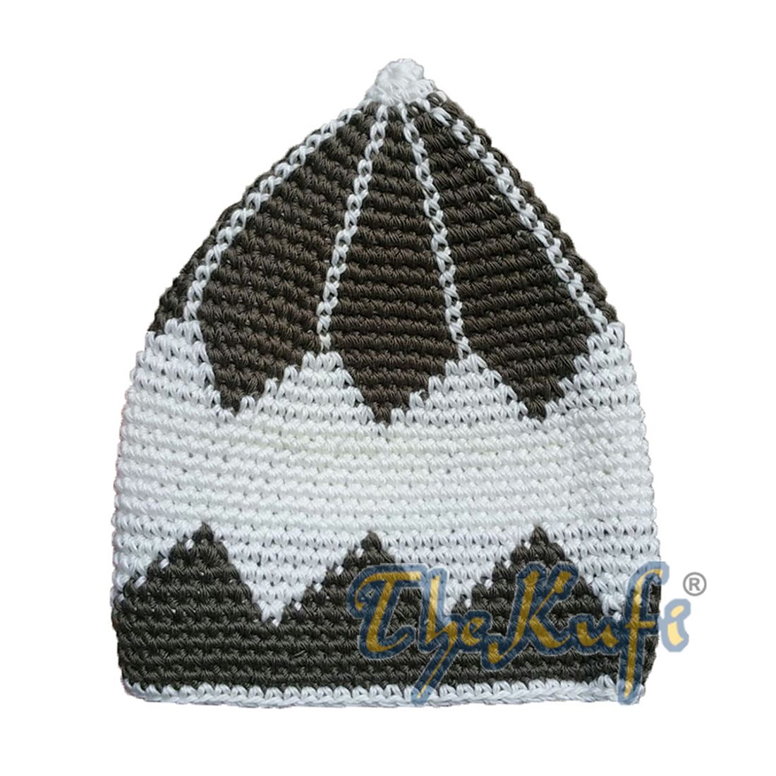 Hand-crocheted Cotton Sturdy Dark Khaki & Off-White Large Diamond Kufi Hat