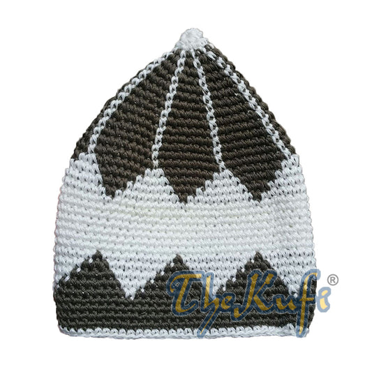 Hand-Crocheted Cotton Sturdy Dark Khaki & Off-White Large Diamond Kufi Hat