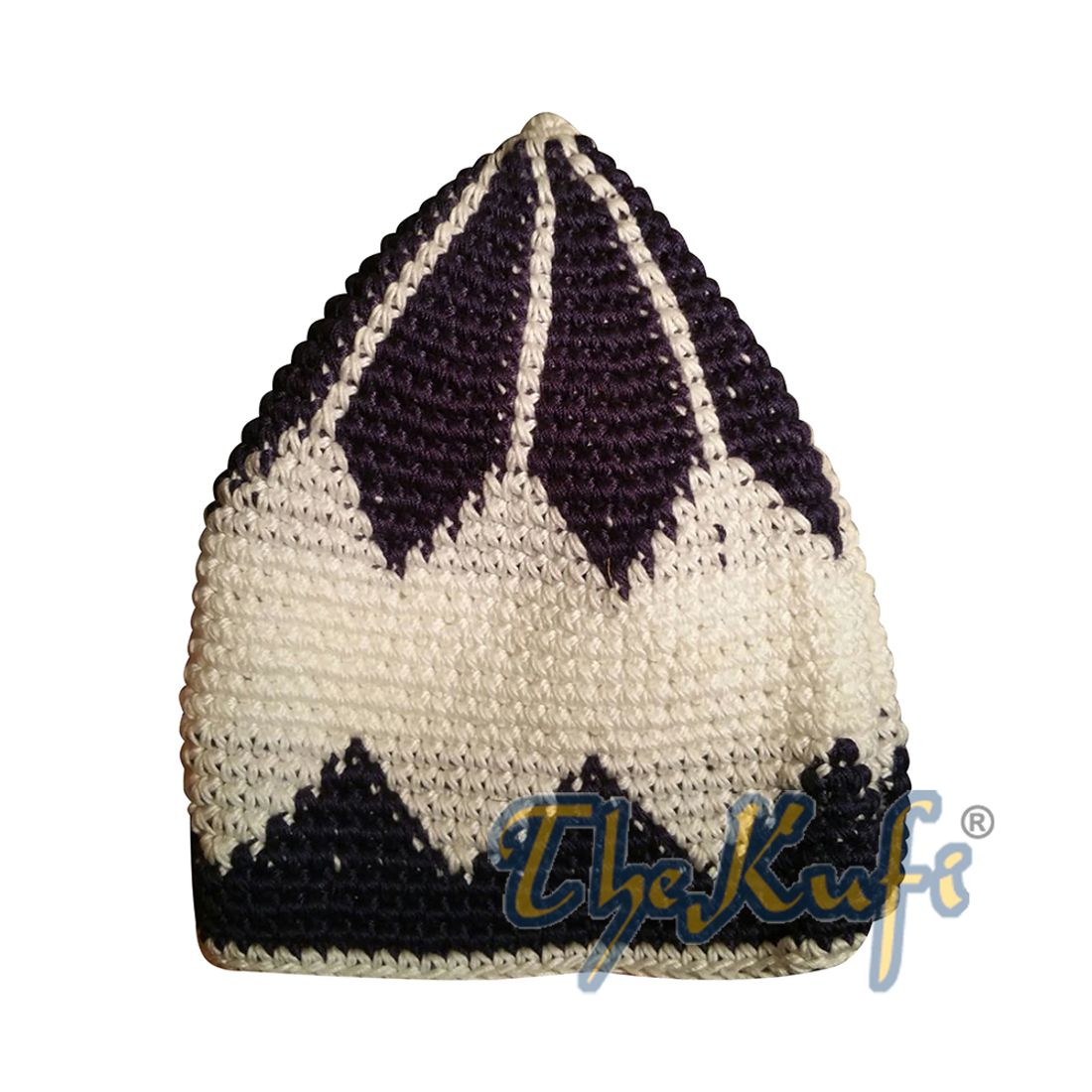 Hand-crocheted Cotton Sturdy Dark Blue & Off-White Large Diamond Kufi Hat