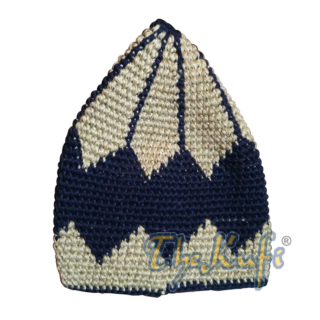 Kids Hand Crocheted Cotton Light Khaki & Dark Blue Large Diamond Kufi Hat