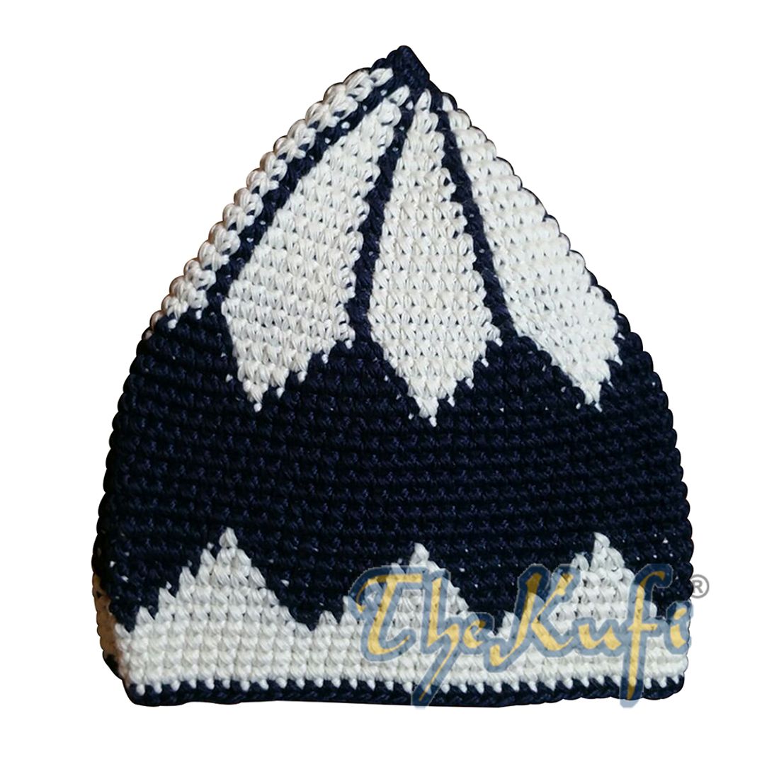 Kids Hand Crocheted Cotton Latte & Dark Blue Large Diamond Kufi Hat