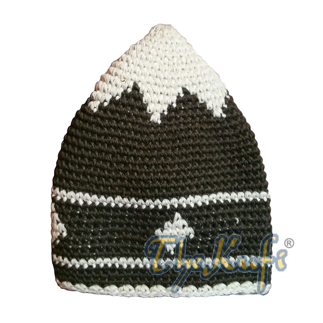 Hand-crocheted Cotton Sturdy Faded Dark Forest Green & Off-White Small Diamonds Line Kufi Hat