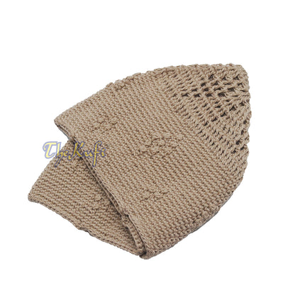 Topi Kufi Katun Rajutan Tangan Coklat Muda Polos