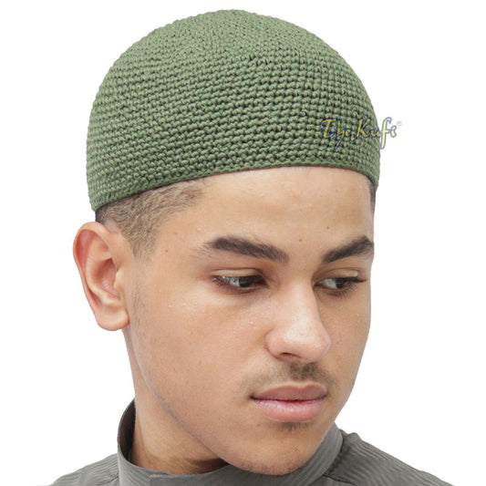 Plain Army Green Hand-Crocheted 100% Cotton Jacquard Kufi Hat Unique Design and Comfortable Fit