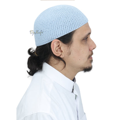 Topi Kufi Rajutan Tangan Biru Muda Polos 100% Katun Desain dan Nyaman Dipakai
