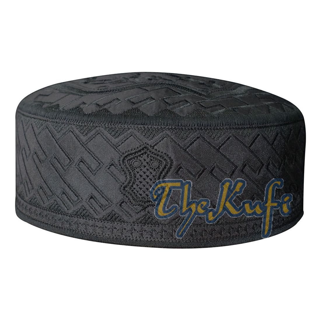 Muslim Kufi Hat – Black Oval Embroidered Rasulullah Sandal Emblem Prayer Cap