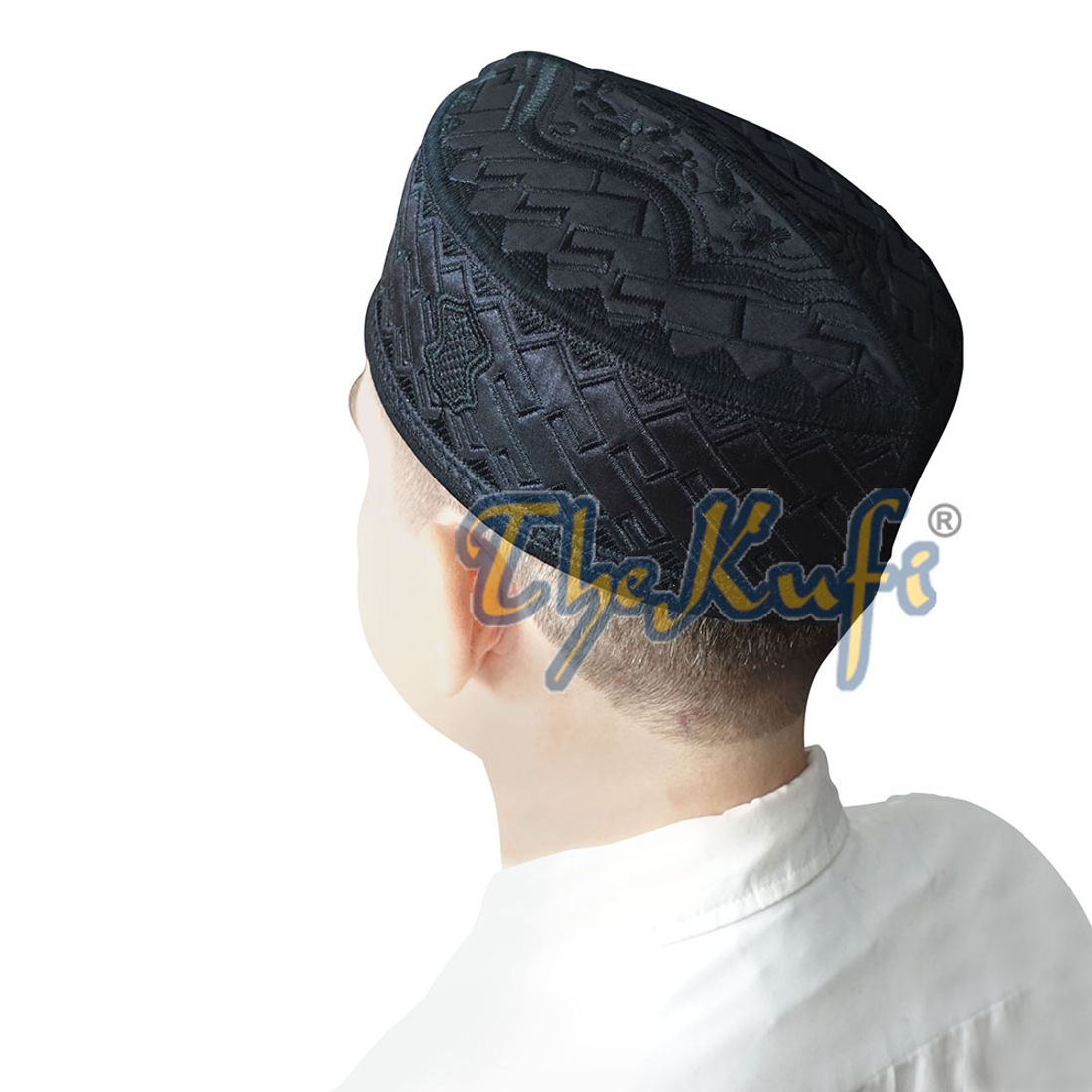 Muslim Kufi Hat – Black Oval Embroidered Rasulullah Sandal Emblem Prayer Cap