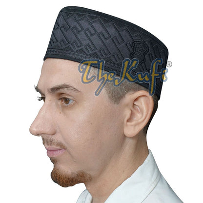Muslim Kufi Hat – Black Oval Embroidered Rasulullah Sandal Emblem Prayer Cap
