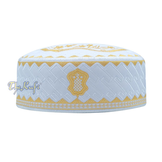 Textured White and Gold Embroidered Sandal Kufi Hat