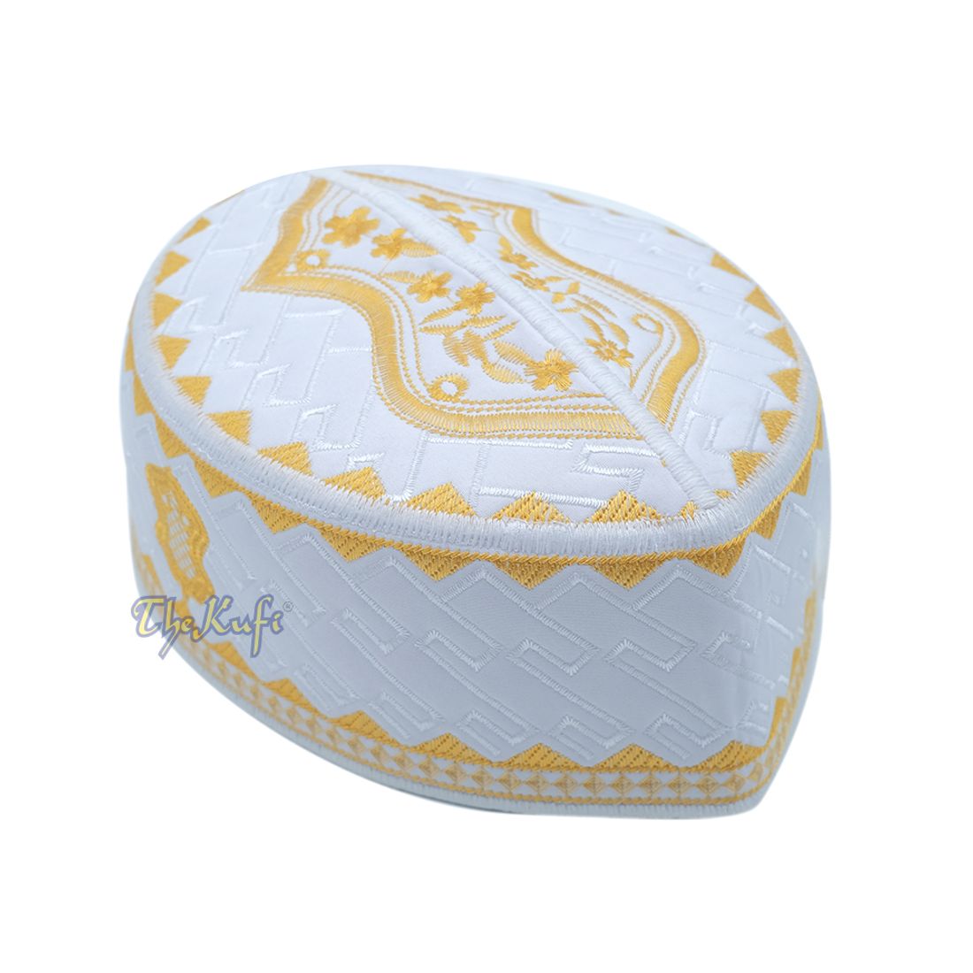 Topi Kufi Sandal Bordir Putih dan Emas Bertekstur