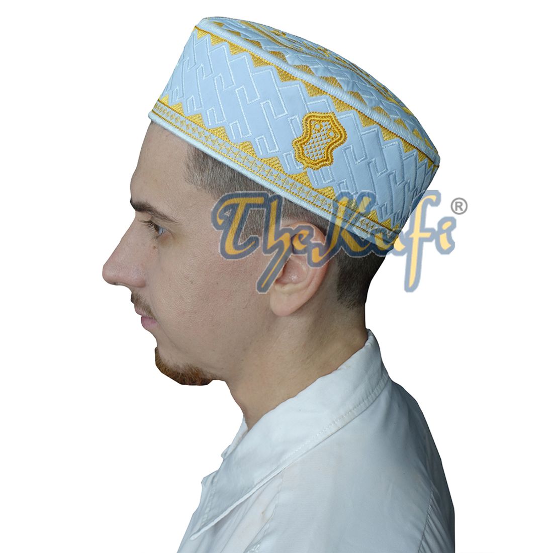 Textured White and Gold Embroidered Sandal Kufi Hat