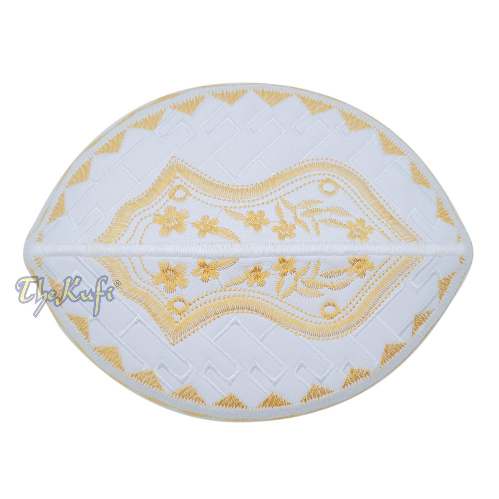 Textured White and Gold Embroidered Sandal Kufi Hat