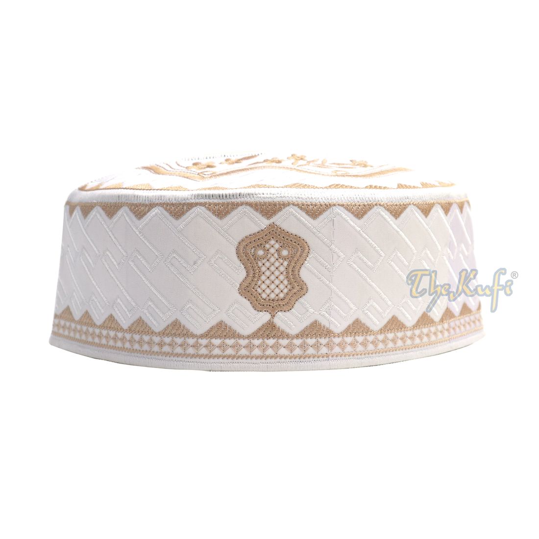 Textured White and Light Brown Embroidered Sandal Kufi Hat