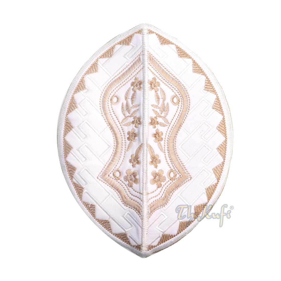Textured White and Light Brown Embroidered Sandal Kufi Hat