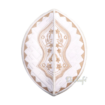 Textured White And Light Brown Embroidered Sandal Kufi Hat