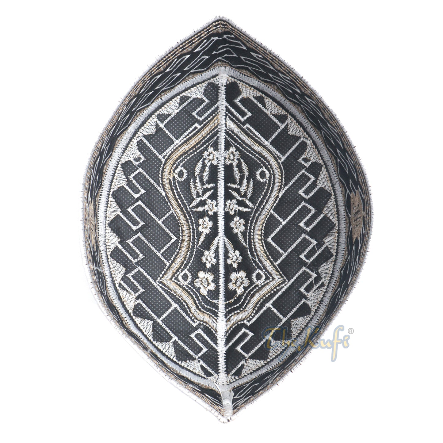 Textured White and Light Brown Embroidered Sandal Kufi Hat