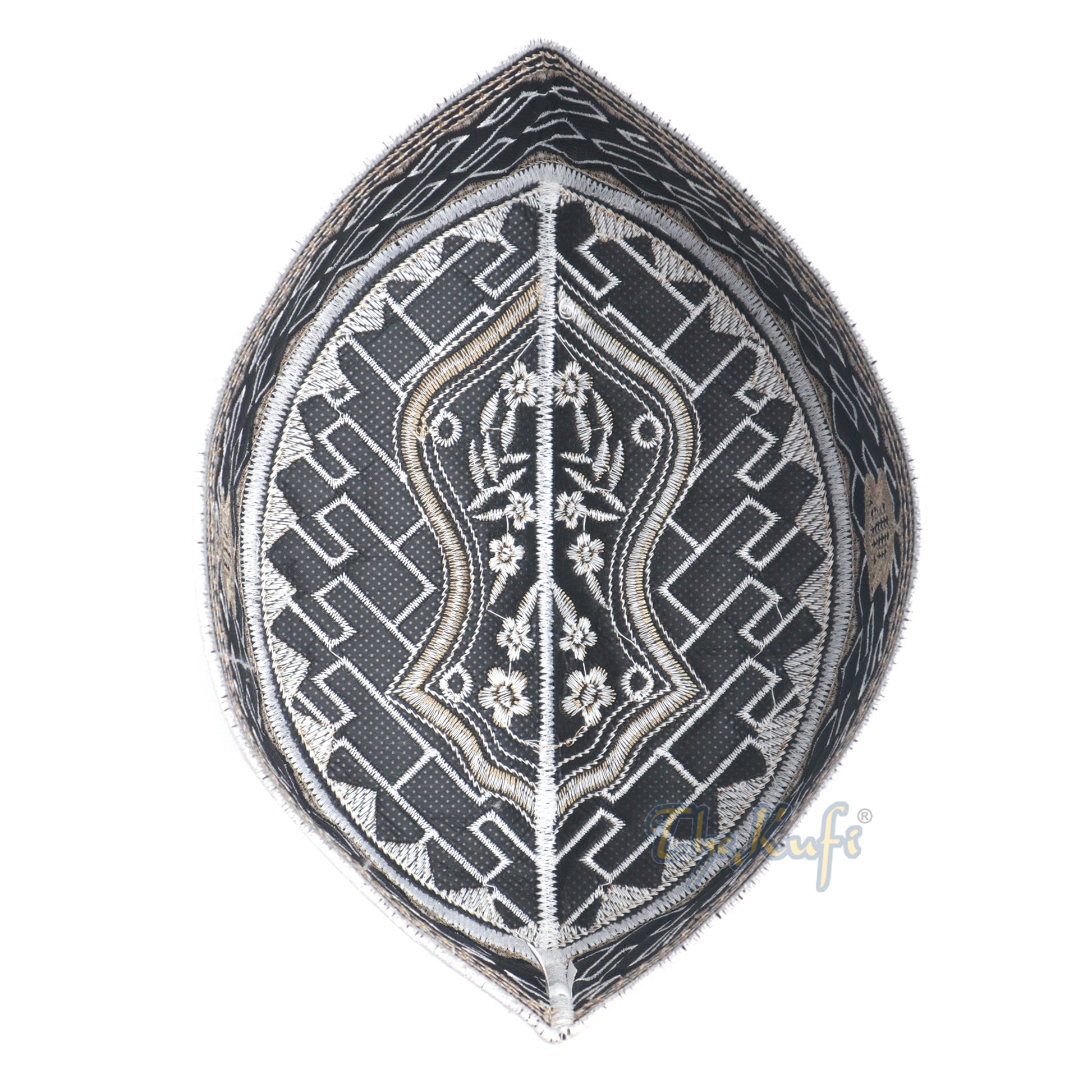 Textured White and Light Brown Embroidered Sandal Kufi Hat